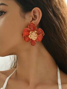 1 对优雅花卉耳环，复古山茶花耳环，轻盈奢华美学耳环，适合女性、海滩度假和日常佩戴 - 紅色 - 查看 2