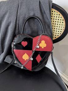 BAILEE Fashionable Personalized Fun Poker Heart Color Blocked PU Leather Three-Dimensional Zipper Style With Chain Decoration Women's Handbag Perfect For College&Work&Commute&Outdoors&Travel&Outings&Shopping&Gifts To Friends