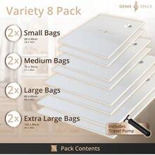 GENIE SPACE Storage Vacuum Bags Variety Pack Of 8 2 Extra Large 2 Large 2 Medium And 2 Small Premium Airtight And Reusable Space Saving Bags For Clothes Towels And Bedding Includes Travel Pump