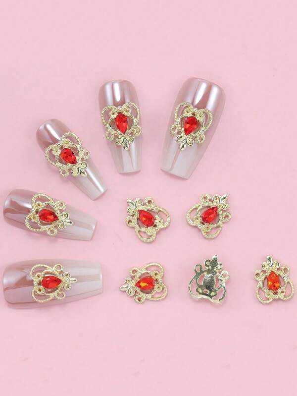 10 قطعة من إكسسوارات الأظافر الفنية من طراز الإنترنت المشهور، ذات طراز ثلاثي الأبعاد فاخر على طراز القصر البارك الباروكي المجوف بشكل قلب، منتجات أظافر DIY