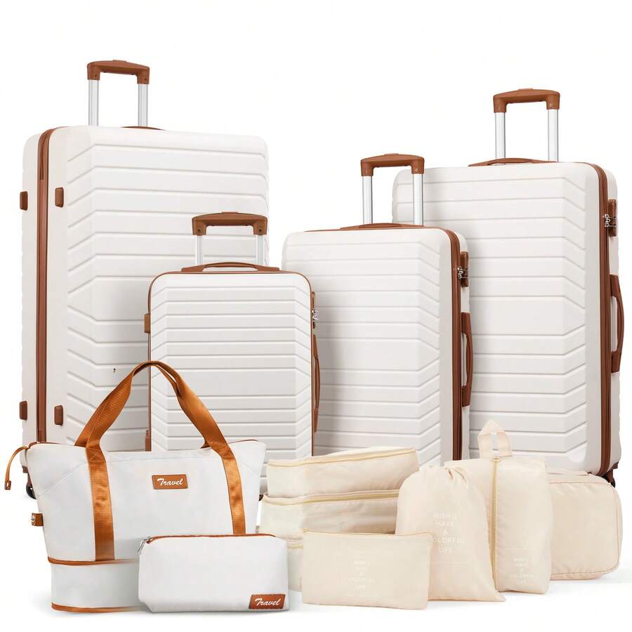 Bộ hành lý 4 món, vali kéo có bánh xe, vali cứng nhẹ, kích thước 22x14x9 inch, được các hãng hàng không chấp thuận, bộ đồ dùng đa năng hoàn hảo cho những chuyến đi cuối tuần cùng gia đình, kỳ nghỉ và du học. Vali kéo, vali có bánh xe, vali du lịch, vali cứng, vali xách tay có bánh xe, đồ dùng cần thiết cho nam, nữ, đi nghỉ mát, đi công tác, dung tích lớn, phụ kiện du lịch, hộp đựng đồ du lịch, đồ dùng cá nhân khi đi du lịch. - trắng nâu - Xem 1