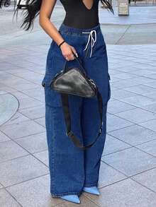 Women's Dark Blue Elastic Drawstring Cargo Jeans, Loose Wide Leg Multi-Pocket Denim Pants, Y2K Streetwear Casual Daily Trousers - Dark Wash - View 3