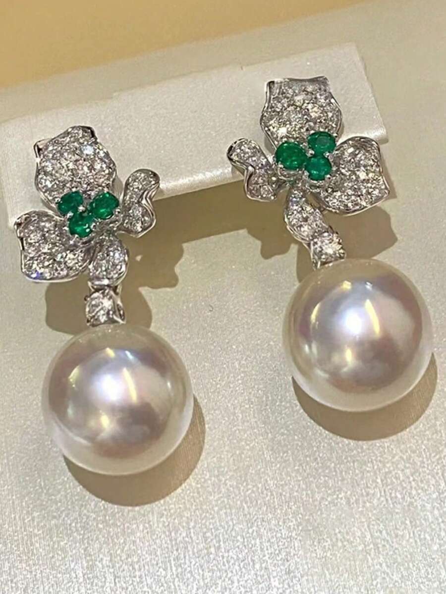 1pc French Retro Fashionable Versatile Floral Pearl Earrings, Elegant Elegant High-End Luxury Earrings Suitable For Women's Daily, Festival, Party Wear, Gift For Girlfriend, Best Friend (Shipped Without Box Or Display Clip) - Silver - View 1