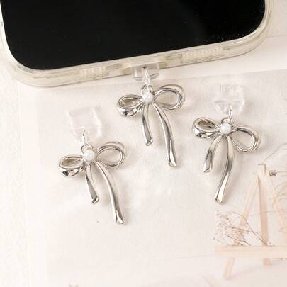 1个银色蝴蝶结吊坠/手机充电口防尘塞/装饰挂件/兼容/Type-C/安卓插头