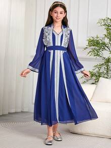 Tween Girls Middle East Style Embroidered Cardigan Dress, 2 In 1 Set With Belt - Blue - View 3
