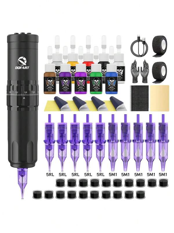DQFART Kabelloses Tattoo-Pistolen-Set, ausgestattet mit 1500mAh Stromversorgung, 6 einstellbare Hubhöhen, Tattoo-Maschinen-Stift aus Aluminiumlegierung, komplettes Tattoo-Set, inklusive 10 Tattoo-Nadeln, 10 Tattoo-Farbsets, Tattoo-Zubehör geeignet für Anfänger und Tattoo-Künstler