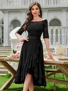 MIUSOL Elegant Women's Floral Lace Boat Neck Contrast Black Chiffon Midi Swing Dress, Half Sleeves Asymmetrical Ruffle Flowy Hem, For Wedding Guest, Cocktail Party, Evening Or Formal Event - màu đen - Xem 2