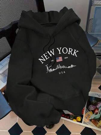 Plus Size Women's Daily "NEW YORK" Text With American Flag, New York City Skyline Line Pattern And "EST. 1624", "USA" Text Pattern Hooded Long Sleeves Casual Spring/Summer/Fall Women's Plus-Size Long-Sleeved Hoodie Sweatshirt Christmas Going Out Tops Women,Vacation Outfits Women