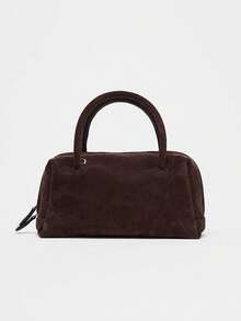 Women's Suede Shoulder Bag, Handbag & Crossbody Bag With Zipper, Bowling Bag Style, Boston Bag, Korean Fashion - Cà phê - Xem 1