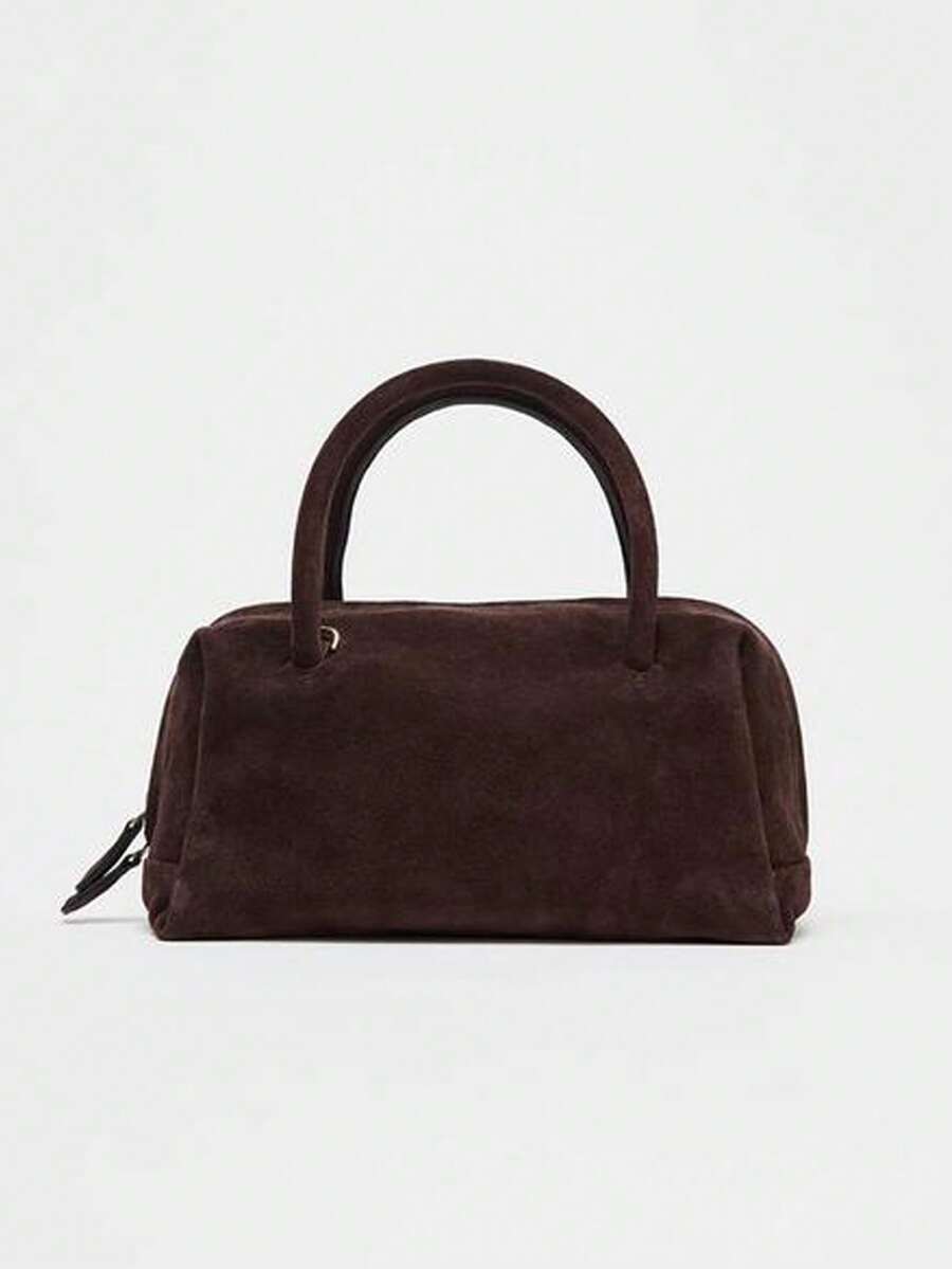 Women's Suede Shoulder Bag, Handbag & Crossbody Bag With Zipper, Bowling Bag Style, Boston Bag, Korean Fashion - Cà phê - Xem 1