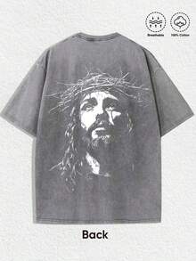 1 PCS Religious "Jesus With Crown Of Thorns" Graphic Tee: Featuring Distressed Vintage Finish, Front Cross Print Adorned With Crown Of Thorns, Back Artistic Portrait Of Jesus Wearing Crown Of Thorns, Crafted From Breathable 100% Cotton, Perfect For Infusing Spiritual & Nostalgic Vibes Into Outfits During Easter Celebrations, Church Events, Or Daily Wear Men's Round Neck Printed Short Sleeve Casual Everyday T-Shirt, They Are Excellent Gifts For Friends And Family, 100% Cotton T-Shirts Feature, A Youthful And Fashionable Design, Graphic Tees Men, Graphic Tees Women, Cachorro Feliz, Back To School - 灰色 - 查看 3