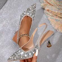 金色方跟包头凉鞋，新款夏季时尚水晶尖头高跟仙女风格珍珠新娘鞋女士