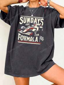 Women's Vintage Race Car Print T-Shirt - Letter Design, Casual Silhouette, Comfortable Polyester Crew Neck T-Shirt For Spring And Summer, Machine Washable, Comfortable Everyday Wear | Crew Neck T-Shirt | Polyester Fabric, Women's T-Shirt - 深灰色 - 查看 2