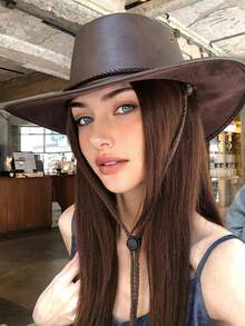 1pc Women's Retro American West Style Wide Brim Leather Bucket Hat, Suitable For Outdoor, Spring/Autumn - Multicolor - View 6