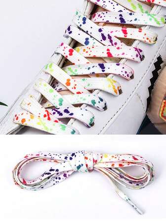 2pcs New Fashion Splatter Paint Colorful Flat Shoelaces, Suitable For Sneakers, Canvas Shoes