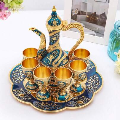 kangten European-Style Baijiu Set: Creative Baijiu Cups, Goblets For Home, High-End Wedding Decanters, And Vintage Baijiu Pots. Complete Tea Set With 1 Teapot, 6 Tea Cups & 1 Tea Tray Vintage Teapot (7.4 Oz) Teapot And Cups Set With Exquisite Relief Patterns For Serving Tea, Coffee, Wine (Blue, Gold)