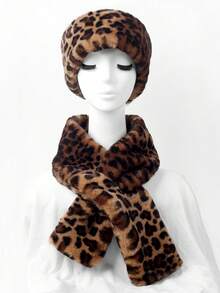 1pc Women's Leopard Print Casual Headband Scarf Set With Beret Hat, Warm & Versatile Faux Fur Cap, Autumn/Winter - Multicolor - View 19
