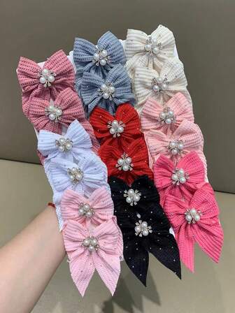 6pcs Random Colorful Solid Waffle Texture Bow Rhinestone Hair Clips, Sweet Girl Princess Hair Accessories For Daily Wear And Party