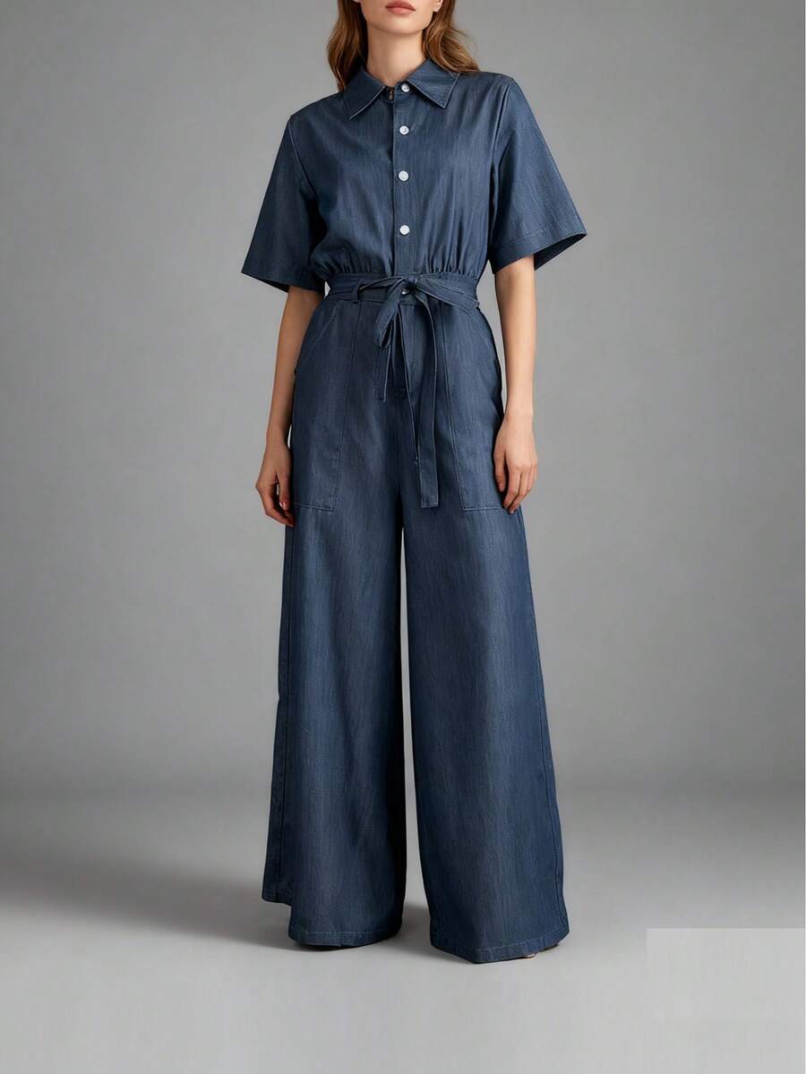 2025 New Women's Casual One Pieces Denim Jumpsuits V-Neck Short Sleeves Tied Waist With Pockets High Waisted Wide Leg Streetwear Rompers Summer Outfits For Woman - 藍色 - 查看 1