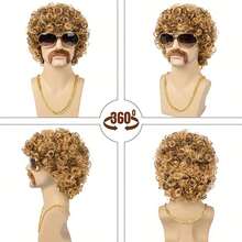 Men's Wig Set 70s And 80s Retro Men's Disco Wig Short Curly Hair Blond Mixed Brown Synthetic Wig Halloween Costume Christmas Cosplay Party - Multicolor - View 8