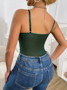 EZNV 1 pieza Body con adorno de encaje a la moda, con soporte y ajuste ceñido - Verde Oscuro - Ver 3