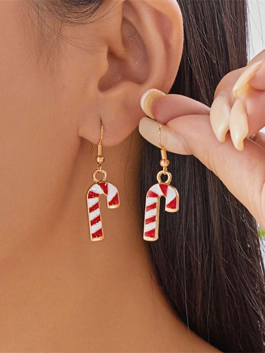 1 Pair, Colorful Cartoon Striped Santa Claus Christmas Crutches, Alloy Oil-Dripping Creative Christmas Earrings, Christmas Accessories, Suitable For Ladies To Attend Parties