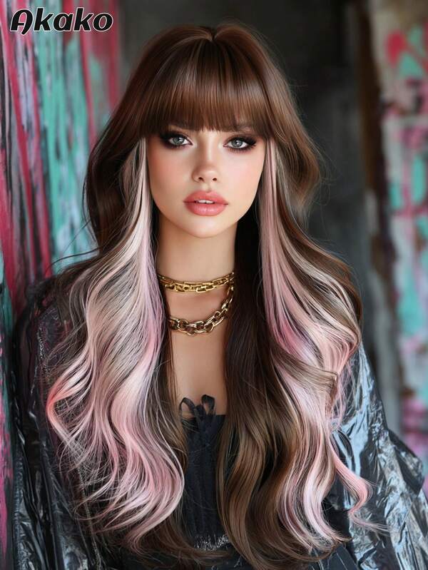 AKAKO Extra Long Wave Brown & Pink Highlight Wigs For Women Synthetic Wavy Curly Wigs With Bangs, Natural Looking Heat-Resistant Fiber Fake Hair, Fashion Costume Wig For Daily Party Masquerade Ball,Music Festivals & Carnival Use 28 Inch