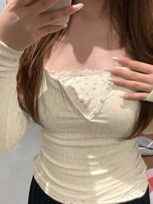 2 In 1 Ditsy Floral T-Shirt Women Summer Casual Knit Tee Tops Spring - Apricot - View 2