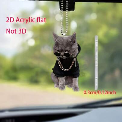 2D 平面 1 件时尚亚克力小猫吊坠 - 时尚灰猫，黑耳朵白爪，非常适合汽车后视镜、背包钥匙扣和家居装饰，是父亲节、母亲节、感恩节、圣诞节、猫咪配饰的完美礼物，2D 平面，适用于汽车、家居、包包、悬挂装饰