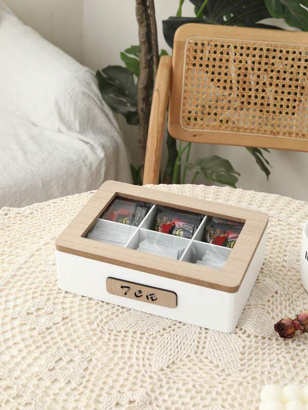 1 pièce Boîte à thé en bois blanc, organisateur de sachets de thé à 4/6/9 compartiments, boîte de rangement pour sacs de café avec fenêtre d'affichage en verre, convient pour la salle de thé, la cafétéria, le garde-manger, le salon, la salle à manger
