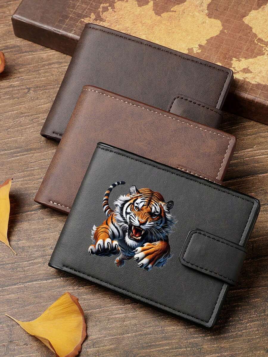 1pc Vintage Tiger Pattern Ultra-Thin Wallet - Portable Card Holder, Suitable For Casual And Formal Occasions - Perfect Gift For Birthday, Christmas, Halloween - Durable Black Metal Clasp Version
