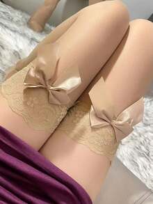 Solid Color Sheer Stockings, Thigh High Lace Bow Lace Socks Sexy Silk Thin Thigh Knee Socks, E-Girl