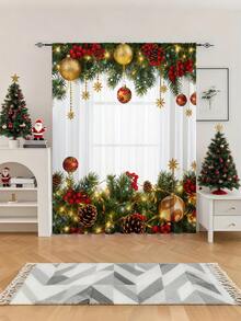 Cortina transparente decorativa com estampa de galhos de pinheiro e frutas natalinas (1 unidade), ideal para sala de estar, quarto, cozinha e decoração de festas de Natal. Gramatura: 100g/m². Ideal para decoração de Natal, decoração natalina e decoração de casa.
