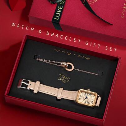  LUCKYFOX Women's Quartz Watch Gift Set With Bracelet, Minimalist Casual Vintage Zinc Alloy Square Leather Band Quartz Watch & Bracelet Gift Box Set, Includes Greeting Card, Suitable For Halloween, Christmas Gifts