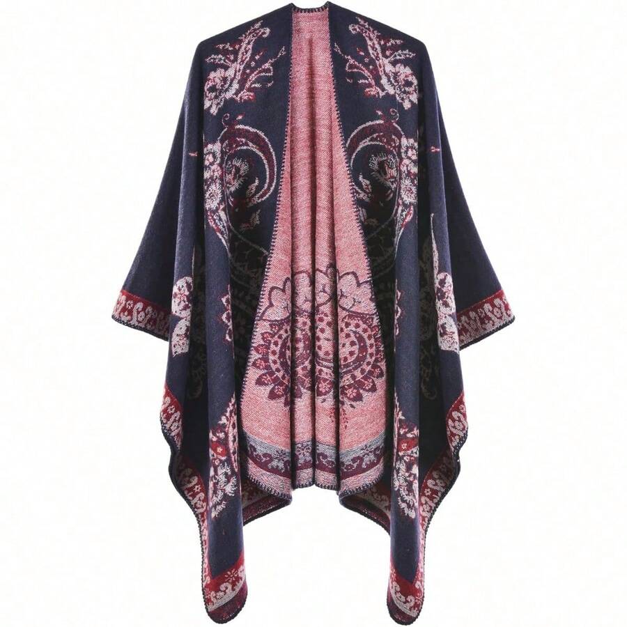Women's Warm Shawl Wrap Cape Winter Cardigan Sweaters Open Front Poncho - Y12-腰果海軍藍 - 查看 1