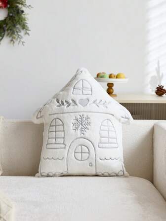 1件圣诞银色不对称房屋刺绣抱枕套，适合室内装饰，圣诞装饰抱枕套，不含枕芯