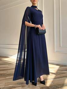 1 件套优雅晚礼服，披肩袖和系带后背，婚礼宾客礼服，女士 - 藏蓝色 - 查看 3