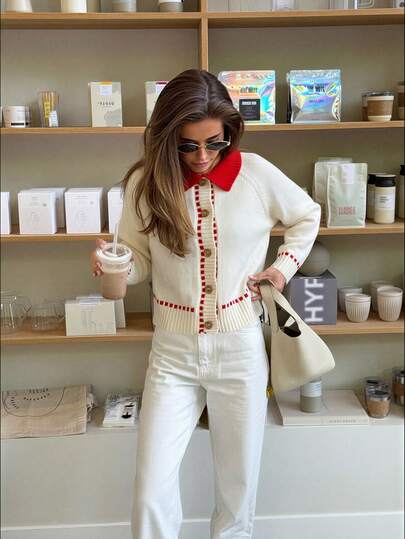 HoloChill 女士撞色纽扣领休闲开衫，夏季新款百搭休闲上衣