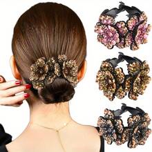 Women's Vintage French Bun Maker Hair Clip - Rhinestone Flower Ponytail Buckle, Elegant Round Chignon Headpiece For Weddings, Parties, Daily Wear - Gift For Girlfriend/Mother (Hand Wash Only) - J - 查看 3