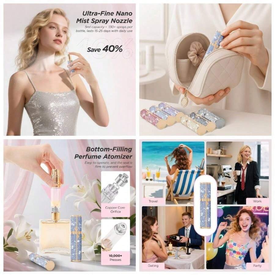 Travel Perfume Bottle Refillable, Perfume Atomizer Leak - Proof Portable 5ML Empty Atomizer Sprayer Bottle Traveling And Outgoing Pink - Leather Style, 5ML - Xanh dương + 5ML - Xem 1