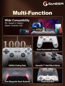 GameSir Tegenaria Lite Wired Symmetrical PC Gaming Controller, Compatible With PC, Switch, Android, IOS Devices And Steam Platform. Features Hall Effect Joysticks, Retro Design, 1000Hz Polling Rate, Analog Triggers, Immersive Vibration Feedback, Membrane Buttons, Ergonomic Design, Turbo Function, 2 Customizable Back Buttons, Gray & White Color - Tegenaria Lite - View 3