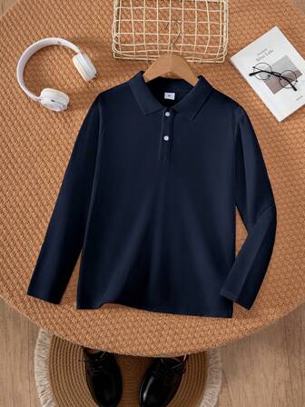 Tween Boy Classic Simple Long Sleeve Polo Shirt, Navy Blue, Suitable For Casual, Holiday, Layering With Various Jackets