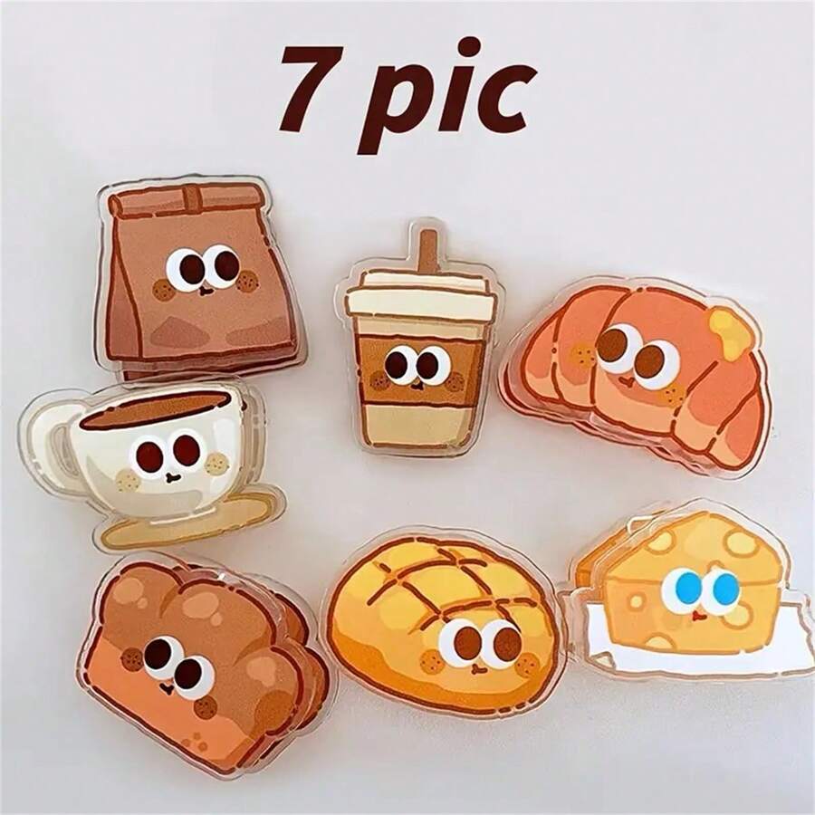 1 pieza Clip para bolsa de comida de dibujos animados de acrílico - a prueba de humedad y mantiene la frescura, adecuado para aperitivos, organizador de oficina multifuncional, clip de notas portátil, útiles escolares con diseño lindo de doble cara, patrón de café, pastel, pan, leche y té - Multicolor - Ver 1