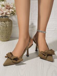 Women's Formal Pointed Toe High Heel Shoes, Black Suede Bowknot Pumps - Brown - View 1