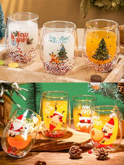 مجموعة أكواب زجاجية مزدوجة العزل 2/4/6 قطع، سعة 300 مل/10.14 أونصة، أكواب عيد الميلاد مصنوعة من زجاج بوروسيليكات مقاوم للحرارة، بتصميم شجرة عيد الميلاد وسانتا كلوز وتصميم الغزلان، أكواب إبداعية للقهوة والشاي والعصير والمشروبات والحليب، مناسبة لحفلات عيد الميلاد والعشاء والمناسبات والهدايا