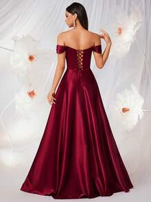 女士优雅露肩褶皱高腰A字露背系带连衣裙，适合舞会、派对、毕业典礼、生日、盛大晚宴、返校节、婚礼宾客着装、正式晚宴、新年庆祝活动等场合。