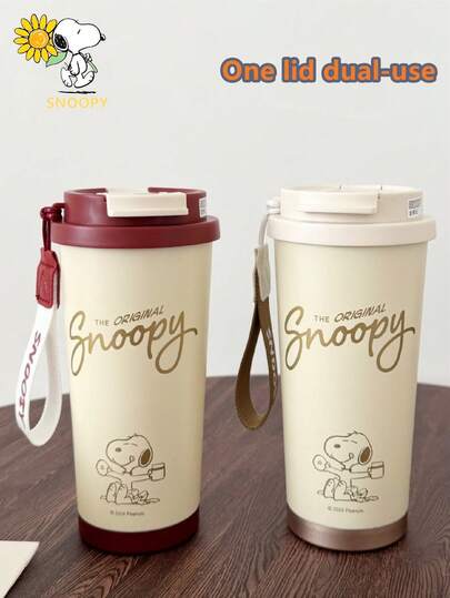  1pc Snoopy 530ml Stainless Steel Vacuum Insulated Tumbler, Large Capacity Coffee Cup, Car Cup, Outdoor Portable Cup With Straw And Lid, Keeps Drinks Cold