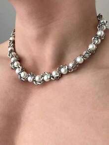 1 Piece European And American  Personalized Creative Imitation Pearl Thorn Splicing Burst Bead Chain Winding Necklace Suitable For Men And Women As Gifts Silver Necklace Non-Fading - 彩色 - 查看 6