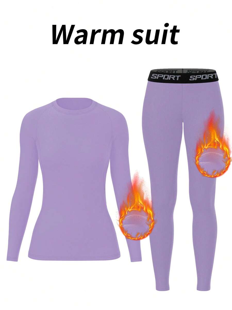 女士羊毛保暖内衣套装、舒适打底衫、适合户外活动的保暖紧身裤、滑雪、长袖圆领上衣和裤子套装、瑜伽服 - 淡紫色 - 查看 1