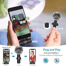 Nuevo micrófono inalámbrico de solapa rosa con adaptador de paravientos, portátil para grabación de audio y video compatible con iPhone, teléfonos Android, PC, cámaras, transmisión en vivo, juegos - Negro - Ver 7